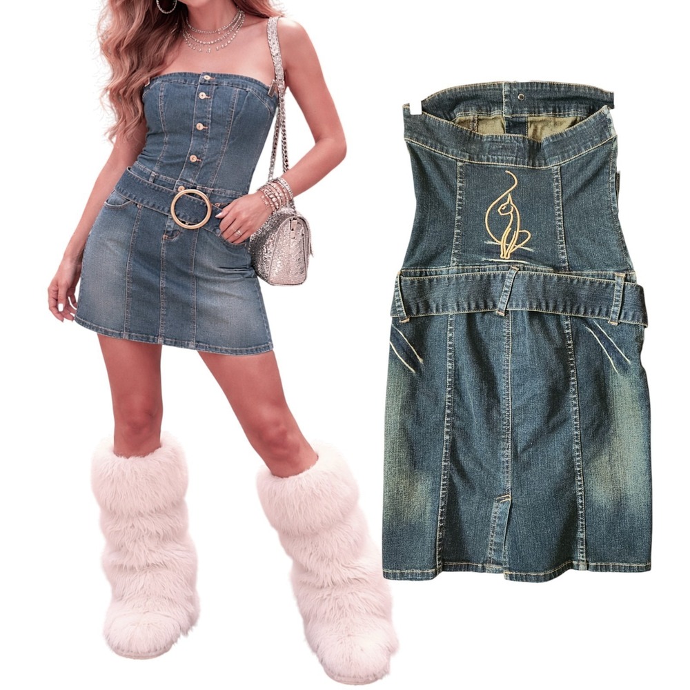 Vintage Y2K Baby Phat Denim Strapless Tube Blue Dress Cat Logo Size 1 Stretchy
